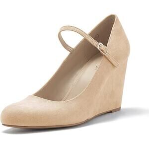 Coutgo Womens Size 7 Tan Faux Suede 3.5" Wedge Heel Dressy Mary Jane Shoes